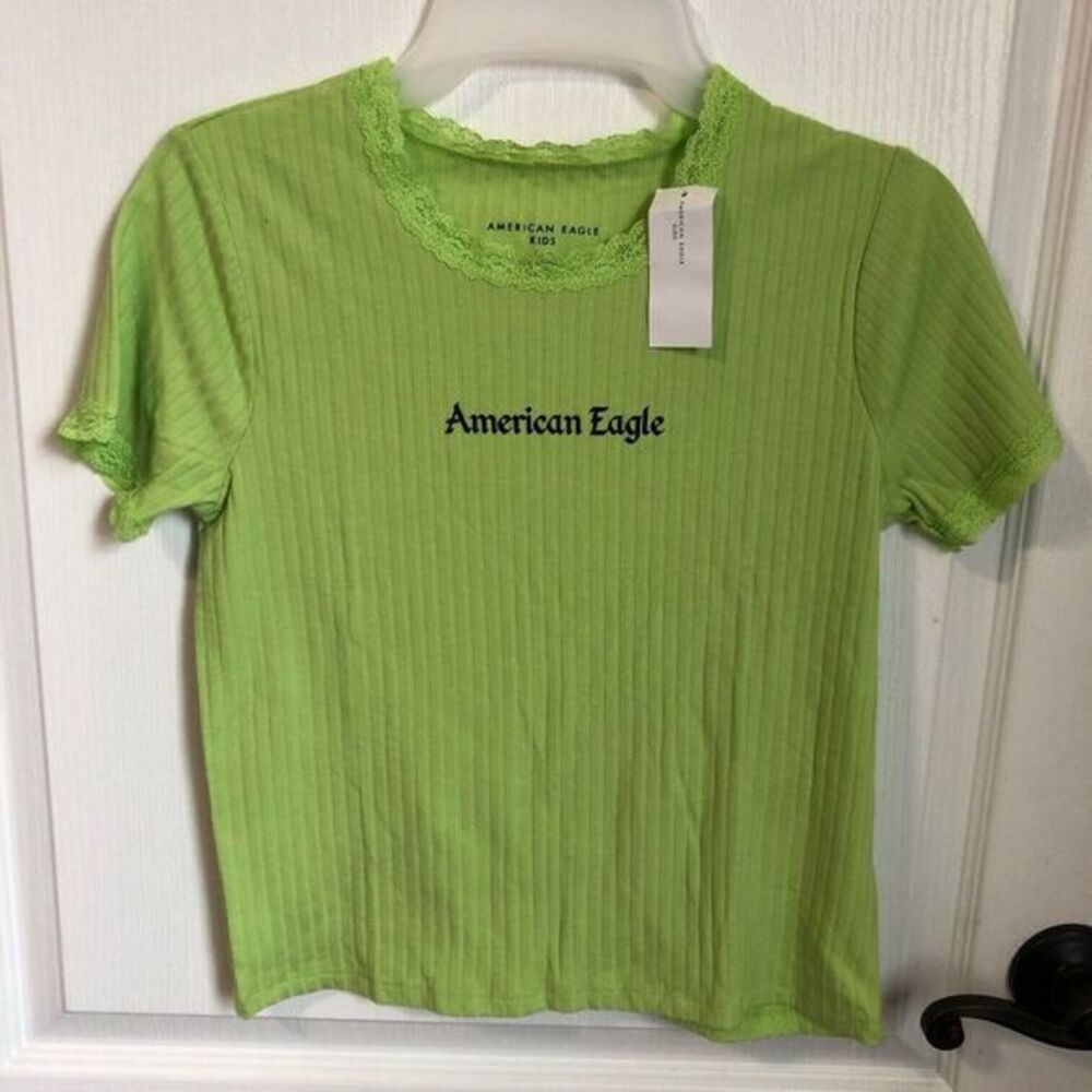 American Eagle‎ Girls Size 16 Green Ribbed Cropped Tee Lettuce-Edge Trim NWT